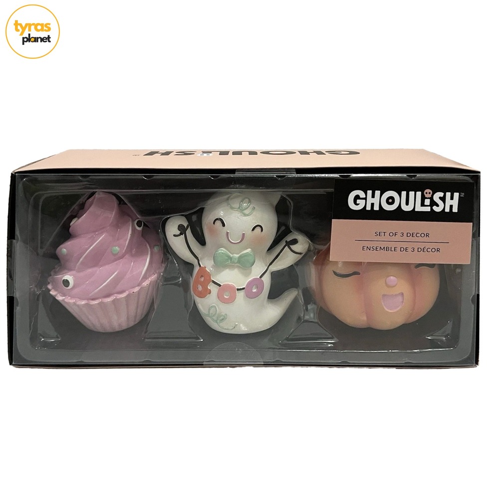 GHOULISH Set of 3 Halloween Cupcake Ghost and Pumpkin Decor Gift - NEW